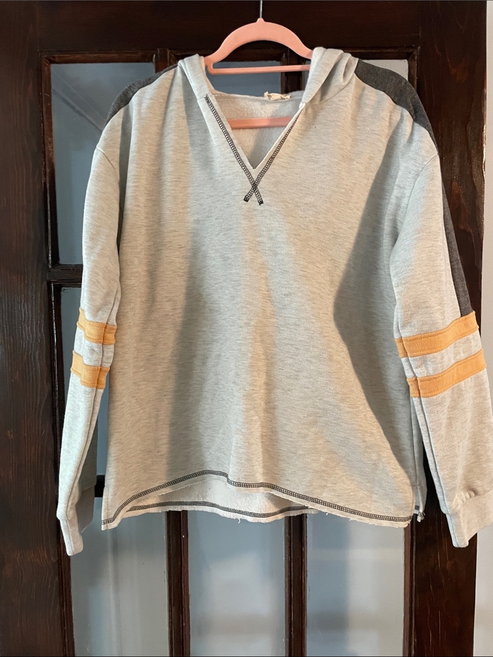 Hem & Thread Light Gray Hoodie with Dark Gray Shoulders and Mustard Stripes